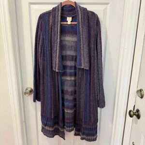 Chicos Size 2 (XL) Mixed Stripe Open Front Long Cardigan Sweater Purple